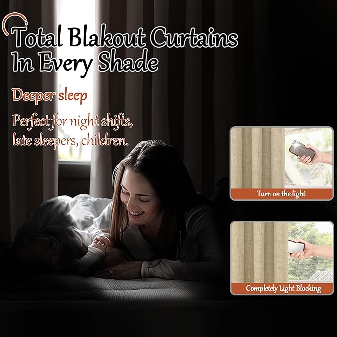 Lajode 100% Blackout Curtains 95 Inches Long for Living Room 2 Panels Set, Faux Linen Textured Floor Length 95 Inch Thermal Insulated Bronze Grommet Boho Window Drapes, Each 52" Wide, Burlap