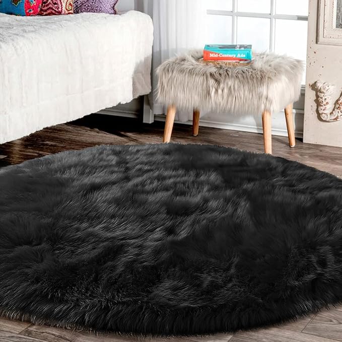 Latepis Black Round Area Rug 8ft Large Circle Fuzzy Shag Rug Washable Sheepskin Fluffy Faux Fur Rug Plush Throw Rugs for Living Room Bedroom Soft Rugs Room Decor