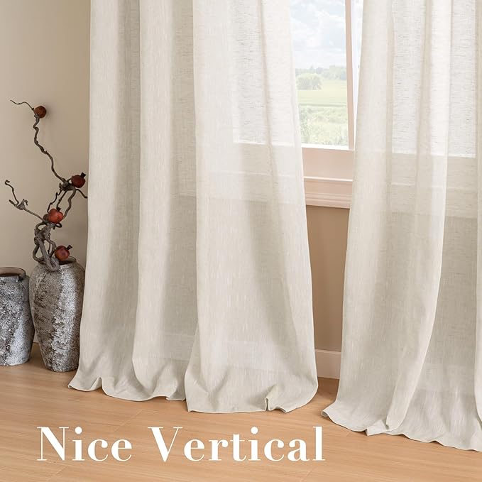 H.VERSAILTEX Natural Linen Curtains Semi-Sheer Curtains Nickel Grommet Privacy Added Premium Soft Rich Material Curtain Panels for Living Room(Set of 2, 52 by 84 Inch, Ivory)