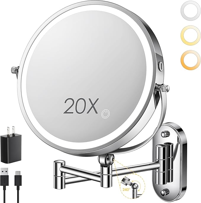 9" Wall Mounted Lighted Makeup Mirror,4000mAh Rechargeable Double Sided 1X/20X Magnifying Mirror with Light,Touch Dimmable,Extended Arm 360 Rotation Wall Mounted Makeup Mirror 3 Color Lights