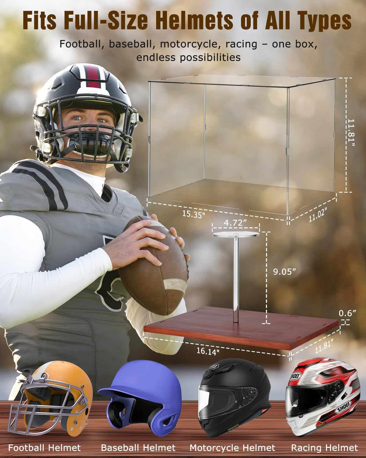 Fitense Full Size Football Helmet Display Case - 15.4×11×11.8in Interior, 100% Wooden Base, Compatible with Baseball/Motorcycle/Racing Helmets, High-Transparency Acrylic with UV Protection