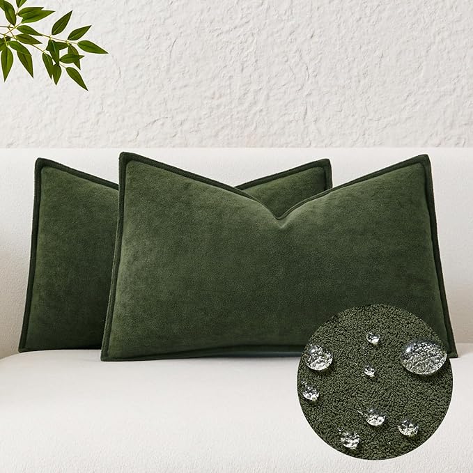 Kevin Textile Waterproof Decorative Pillow Covers Moss Green 12x20 Inch Pack of 2 Soft Boucle Textured Lumbars Cushions Elegant Accent Pillows for Couch Sofa Chair Bed Home Decor Indoor Outdoor