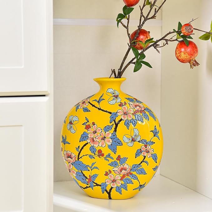 Sungmor High-Class Enamel Painted Porcelain Vase, Traditional Hand-Carved Overglaze Color Ceramic Vase for Fresh Flowers Dried Plants Arrangement, Decorative Vase for Centerpieces, Shelf, Living Room