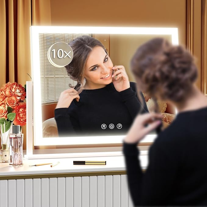 Lighted Makeup Mirror, 17.3"x13" Hollywood Vanity Mirror with Led Lights, Three Color Lighting Modes, and 10X Magnification Mirror, Smart Touch Control, 360°Rotation (White, Gift Box)
