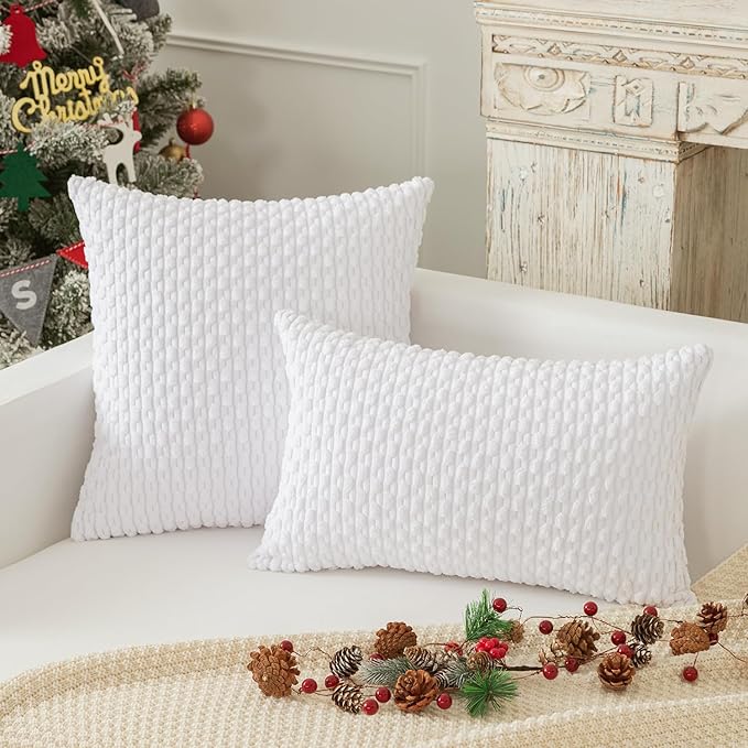 Kevin Textile Velvet Pillow Covers Striped Decorative Throw Cushion Case with Hidden Zipper for Home Couch/Bedroom 2 Pack (24x24 Inch Pure White)