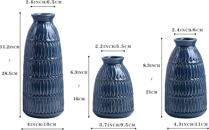 Yundu Navy Blue Ceramic Flower Vases for Home Decor Set of 3, Living Room Décor, Modern Farmhouse and Neutral Home Décor, Pmpas Grass Vase, Shelf, Mantle, Centerpieces Minimalist Décor