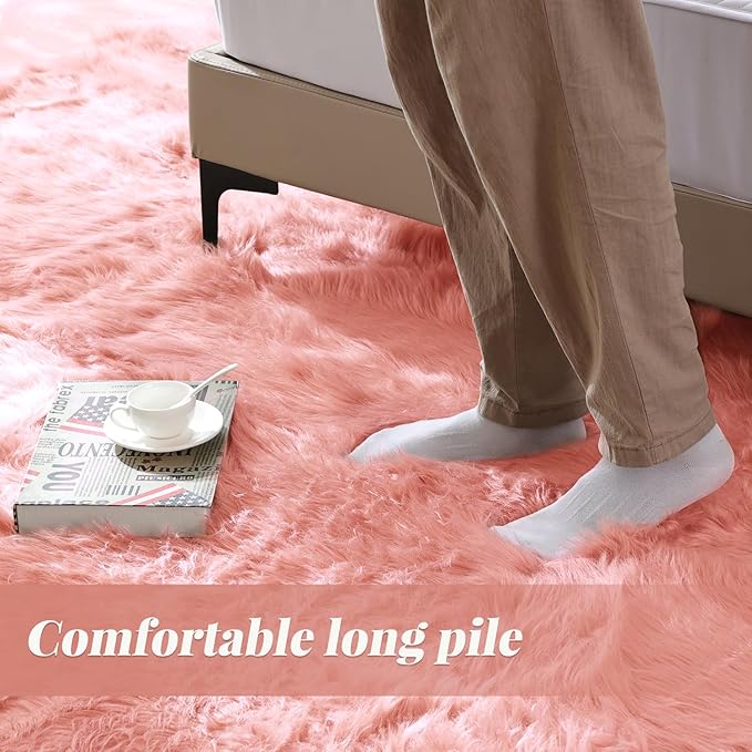 Shag Area Rugs 9x12 Rugs for Living Room Pink Washable Fluffy Sheepskin Fur Rugs for Bedroom Nursery Fuzzy Rug
