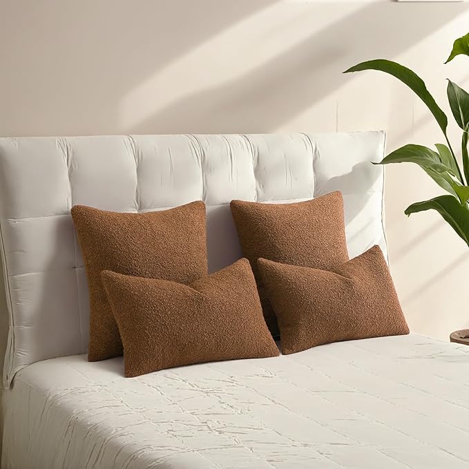 HAUSSY Set of 2 16x16 Decorative Throw Pillow Covers, Soft Cozy Textured Boucle Couch Cases, Home Decor for Couch Bed Living Room, Tobacco