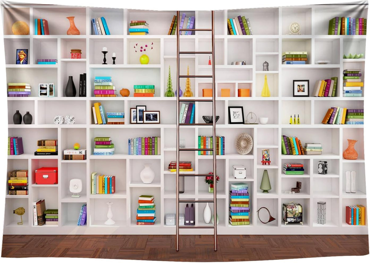 CapiSco 7x5FT White Bookshelf Photography Backdrop Bookcase Library Photography Background for Office & Home Office