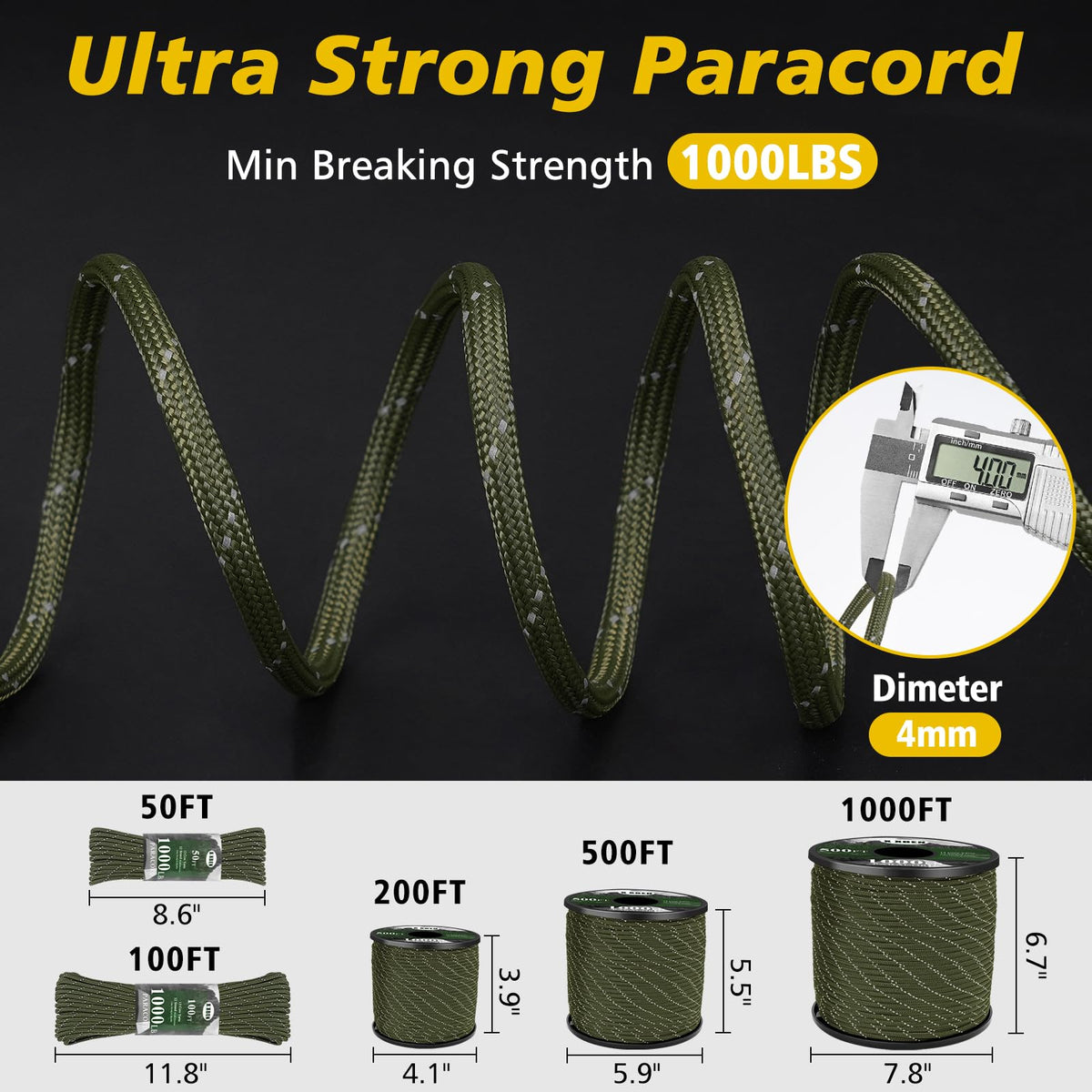 X XBEN Paracord Reflective 1000lb, 50/100/200/500/1000ft 4mm, 13 Strand Parachute Spool Cord, Heavy Duty Paracord Rope for Camping, Fishing, Hiking, Hunting, DIY Crafts, Blue