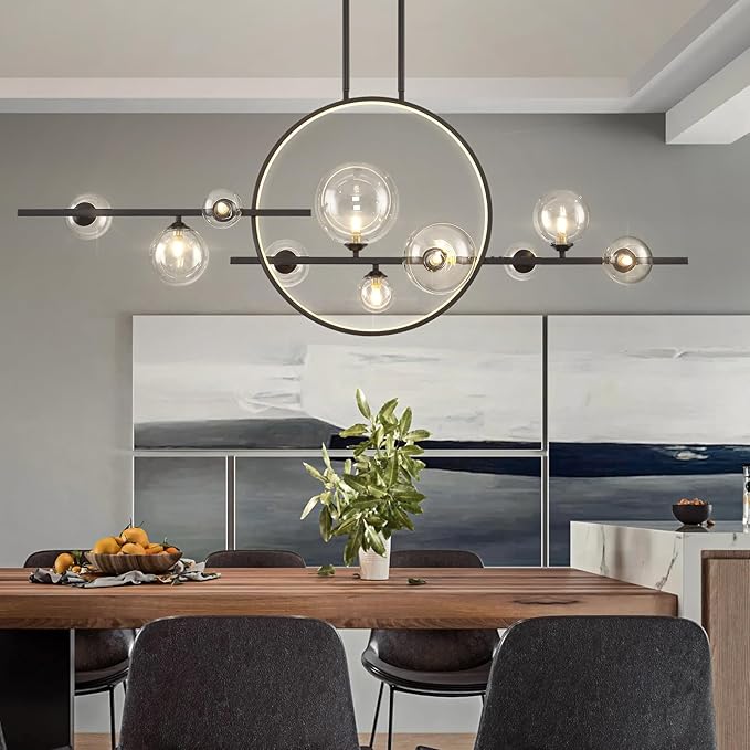 10 Lights Modern Pendant Light Fixtures, 54" Black Dimmable Mid-Century Dining Room Large Bubble Chandeliers, Linear Kitchen Island Lights with Spherical Clear Glass Shade for bar, Cafe