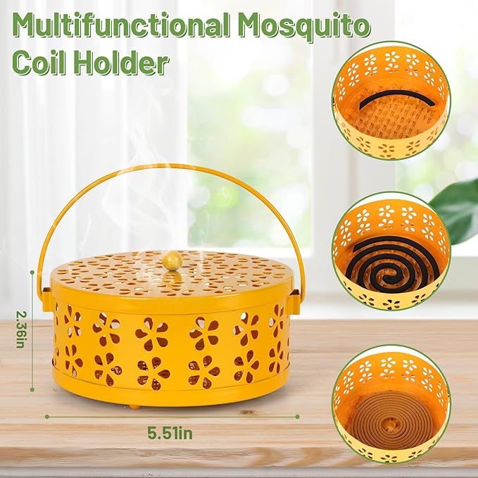 Portable Iron Mosquito Coil Holder with Handle Round Heat-Resistant Incense Holder (2 Pack Yellow)
