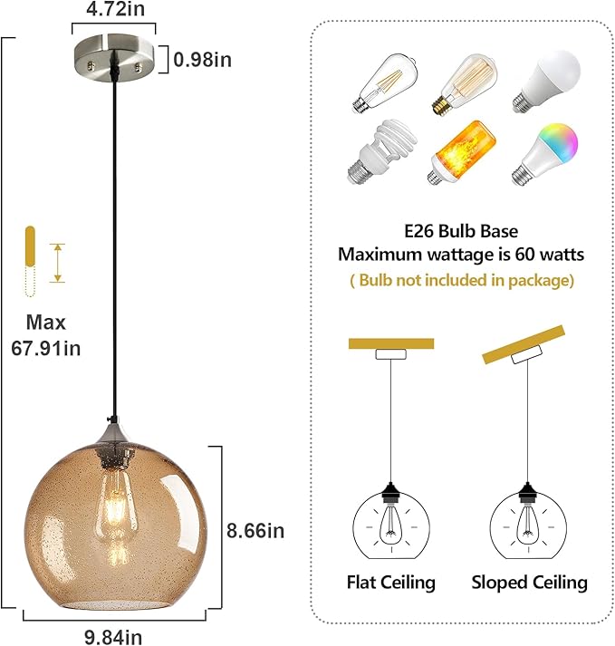 Light Brown Glass Pendant Lights Kitchen Island Globe Pendant Light Fixtures Modern Pendant Lighting for Bedroom Living Dining Room Light Fixture (9.84 in, 3 Pack)