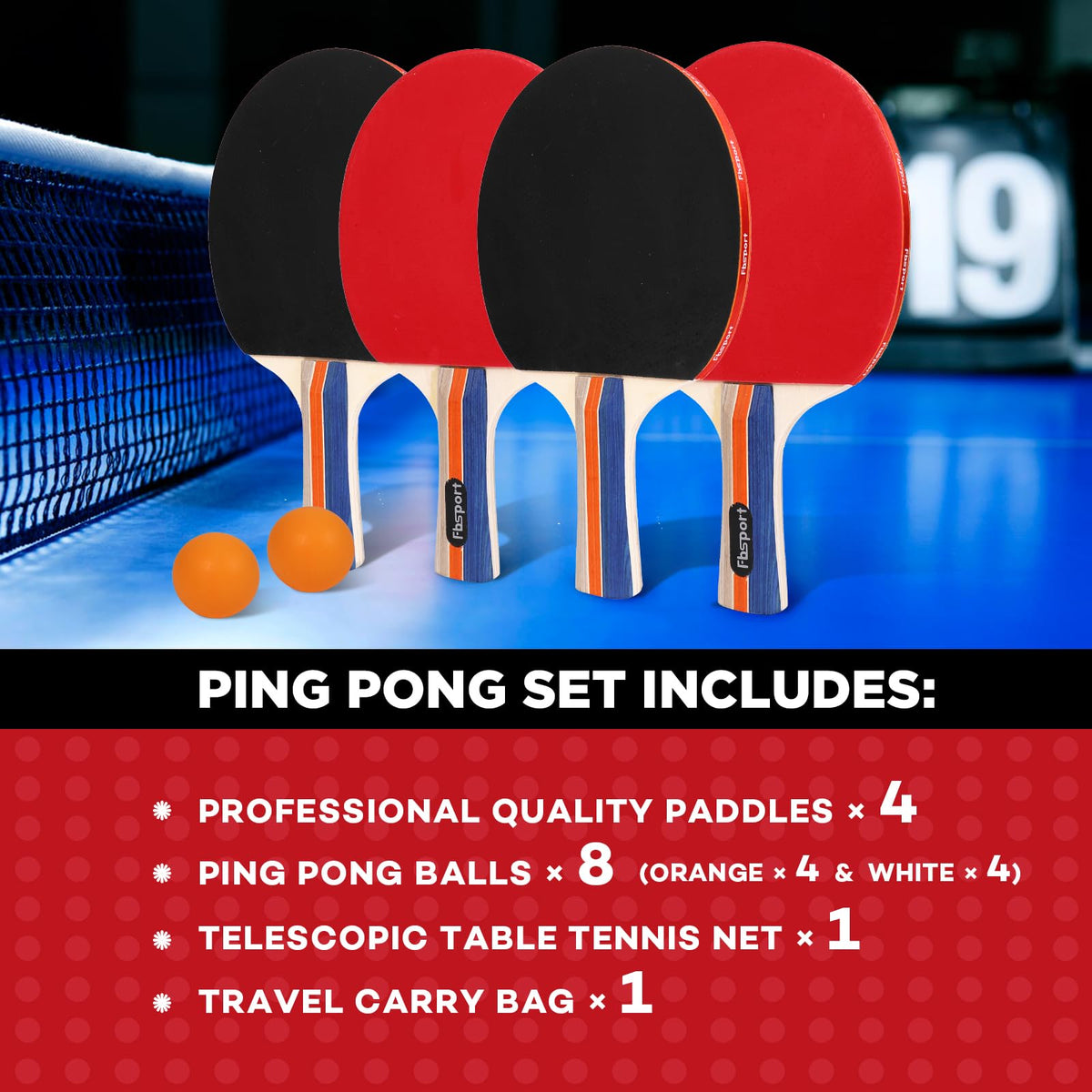 FBSPORT Ping Pong Paddle Set, Table Tennis Set with 4 Rackets and 8 Balls, Retractable Net with Storage Bag - Pingpong Paddle Accessories for Indoor/Outdoor Games
