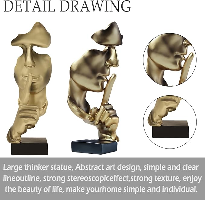 aboxoo Thinker Statue, Silence is Gold Abstract Art Figurine, Modern Home Resin Sculptures Decorative Objects Shelf Decor,Tabletop for Home Decor,Man Office Study Desk Statue (Large Gold)