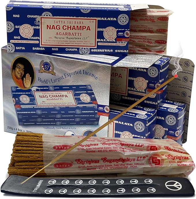 Nag Champa Incense Sticks 250g x 4 and Incense Stick Holder Bundle Insence Insense Satya Incense