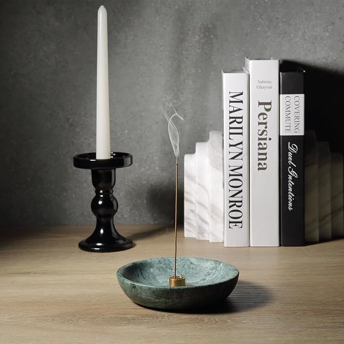 Koville Natural Green Marble Incense Holder, Upgraded 6" Incense Holders for Sticks, Sturdy Incense Burner Ash Catcher, Ideal for Meditation, Relaxing, Easy to Clean