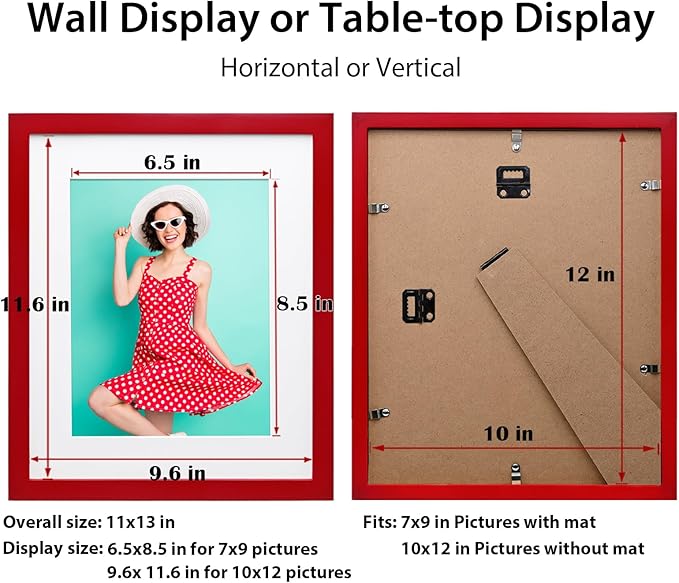 KINLINK 10x12 Picture Frame Red, Solid Wood Frames with Acrylic Plexiglass for 7x9 with Mat or 10x12 without Mat, Tabletop and Wall Mounting Display, 4 Pack