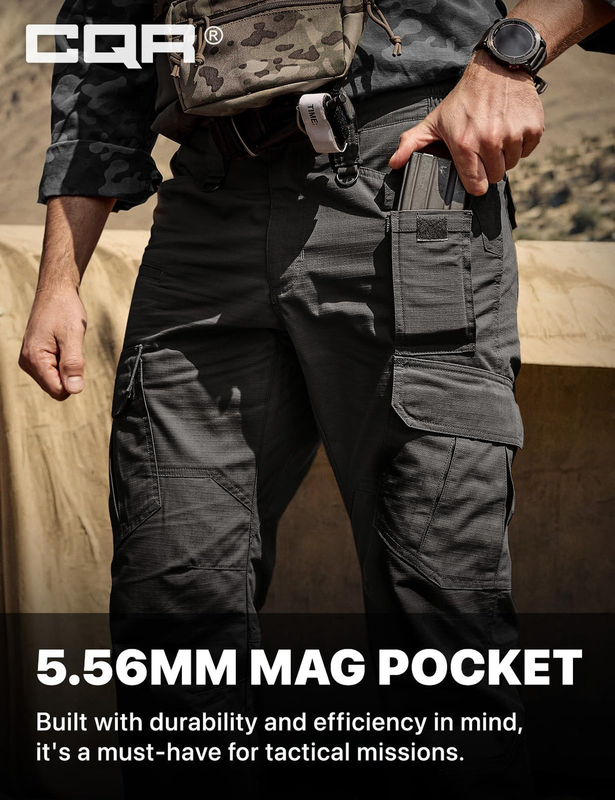 CQR Men's Tactical Pants, Water Resistant Ripstop Cargo Pants, Lightweight EDC Work Hiking Pants, Outdoor Apparel, Duratex Mag Pocket Black, 38W x 34L