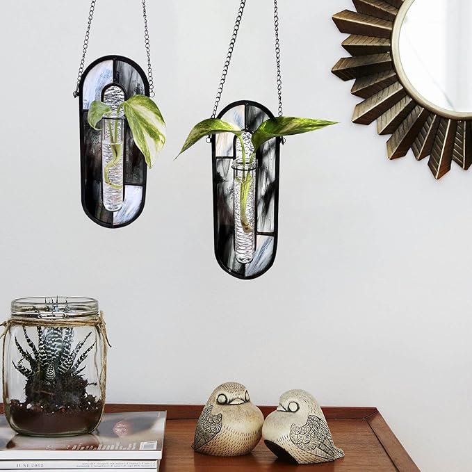 LITMIND Stained Glass Propagation Station - Handcrafted Translucent Suncatcher Planter with 2 Tubes, Hanging Hydroponic Décor for Windows & Garden