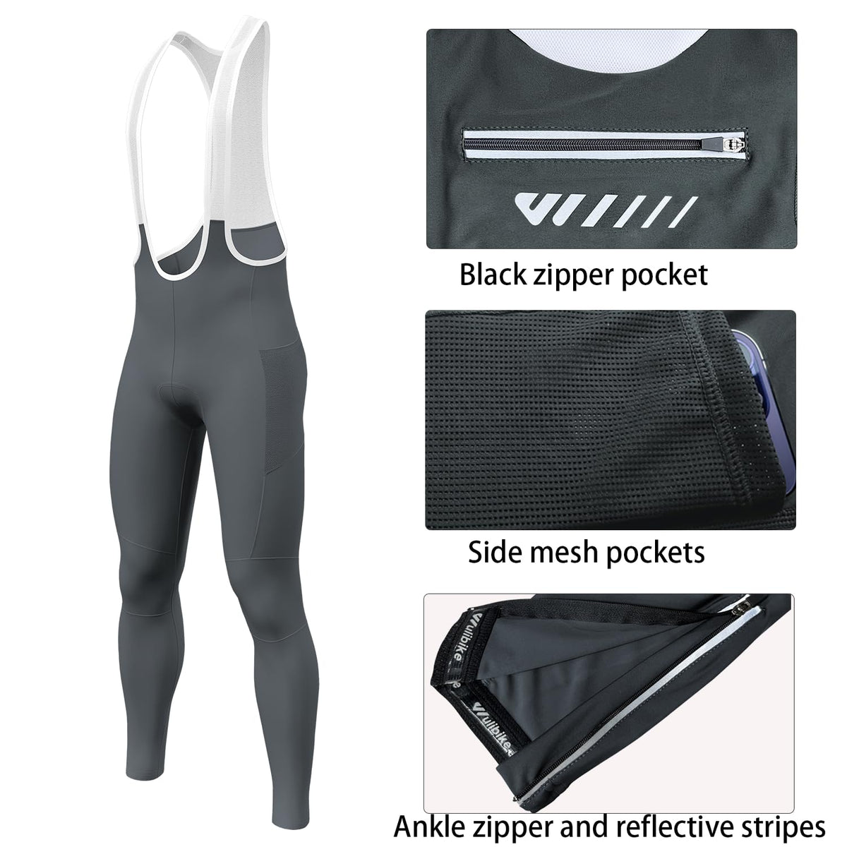 Lo.gas Men's Cycling Bib Pants Padded Bike Cycling Bibs Pants Men Tights with Shoulder Straps 4D Padding Breathable Quick-Dry Grey-M