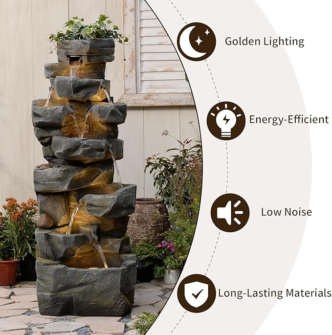58" H Outdoor Water Fountain with 7 Tiers Large Cascading Realistic Rock Waterfall Fountains with LED Lights Outdoor Water Fountain for Garden Patio Backyard Porch Home Decor