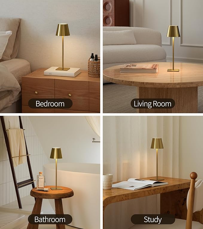 UME Cordless Table Lamp, Battery Operated Lamp - Portable Waterproof Rechargeable Table Lamp w/ 3 Color Temps & Stepless Dimming for Dinner, Desk, Cafe, Outdoor (Brushed Gold)