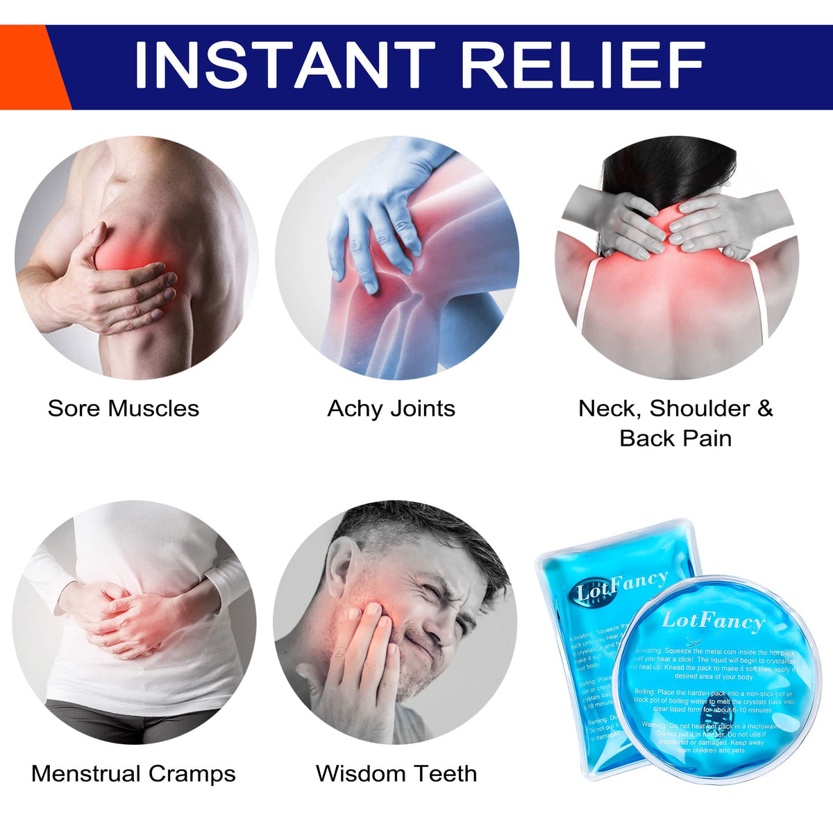 LotFancy Reusable Hand Warmer, 10 Click Activated Instant Heat Packs and 2 Wraps, Snap Hot Therapy Compress, Gel Heating Pad for Pain Relief, Outdoor & Portable Size