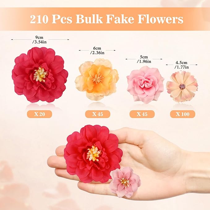 210 Pcs Mini Silk Flower Heads Small Fake Rose Daisy Faux Flowers Bulk for Crafts Artificial Loose Fabric Flowers Heads Sunflower Bulk for Wedding Hair Cap Dresses Decorations (Bright Pink Mixed)