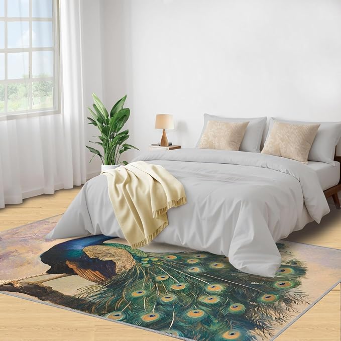 Peacock 6x8 Area Rugs for Living Room, Classic Animal Washable Non Slip Rugs, Gorgeous Feathers Low Pile Print Rug for Bedroom, Dining Room, Home Office