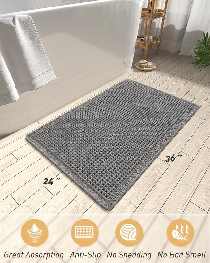 AMOAMI Upgraded Waffle Bath Mat, Super Absorbent Non Slip Bath Mats for Bathroom Floor, Machine Washable Bathroom Rugs with Tassels, Rubber Backed Bathroom Mats, Ultra Soft, 24" x 36", Dark Grey