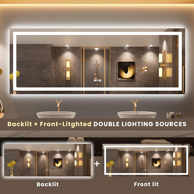 LOAAO 84X32 LED Bathroom Mirror with Lights, Anti-Fog, Dimmable, Backlit + Front Lit, Lighted Bathroom Vanity Mirror for Wall, Memory Function, Tempered Glass, ETL Listed