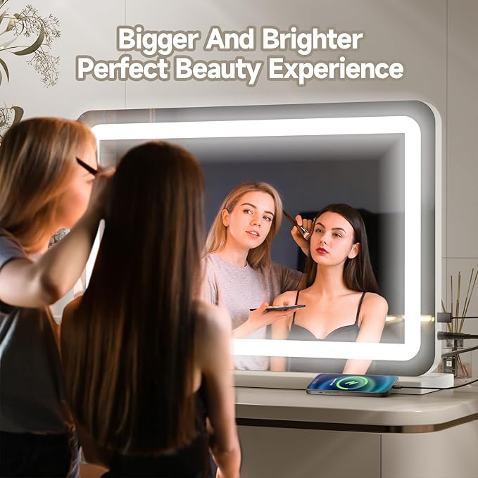 Large Vanity Mirror with Lights 32"x22", Lighted Makeup Mirror, Wall-mounted Hollywood Mirror, Touch Sensor, 3-Color Lighting, 5X Magnification, USB Port for Vanity Desk Tabletop, Bedroom, Salon
