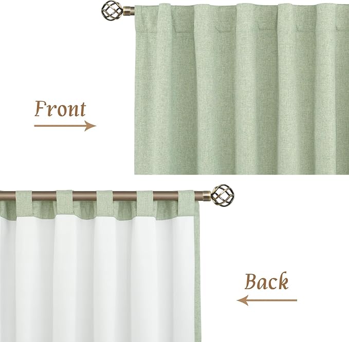 LAMIT Light Green 100% Blackout Linen Curtains, 63 Inches Linen Textured Thermal Bedroom Curtains Back Tab and Rod Pocket Neutral Panels with White Liner for Farmhouse, 2 Panels, 38 x 63 Inch