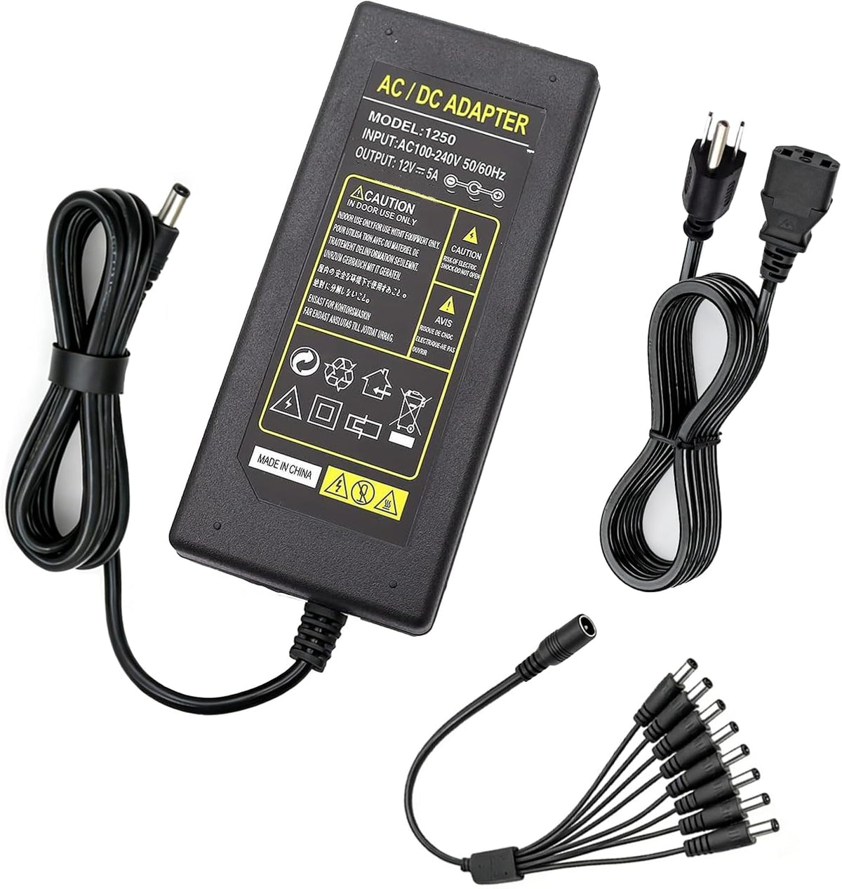 Tnuocke 3-Prong Adapter,12V 5A 100V-240V 8-Way Security Camera Power Camera Power Adapter Power Splitter Cable
