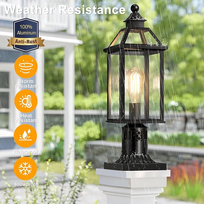 18.5" Motion Sensor Outdoor Post Lights, 360° Detection Lamp Pole Light Fixture 4 Lighting Modes, Large Waterproof Aluminum Outside Exterior Lantern for Garden, Porch, Pathway, (Black)