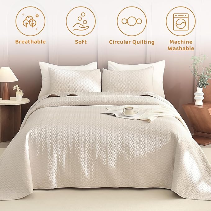 Sanracie Oversized King Quilt Bedspreads 120"*120",100% Cotton Bedding Coverlet Circular Quilting Wheat Colored Extra Large Wide California King Quilt Sets Oversized for All Season Soft Lightweight