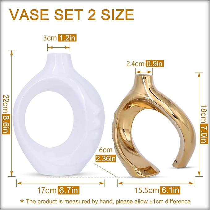 White Gold Ceramic Decorative Vase Home Decor, White and Gold Vase Set of 2, Pampas Grass Decorative Vase, Coffee Table Vase, Entryway Table Decor (White Gold)