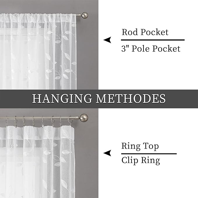 Tollpiz White Leaf Sheer Curtain Leaves Embroidered Living Room Curtains Rod Pocket Voile Window Treatment for Bedroom, 54 x 72 inches Long, Set of 2 Panels