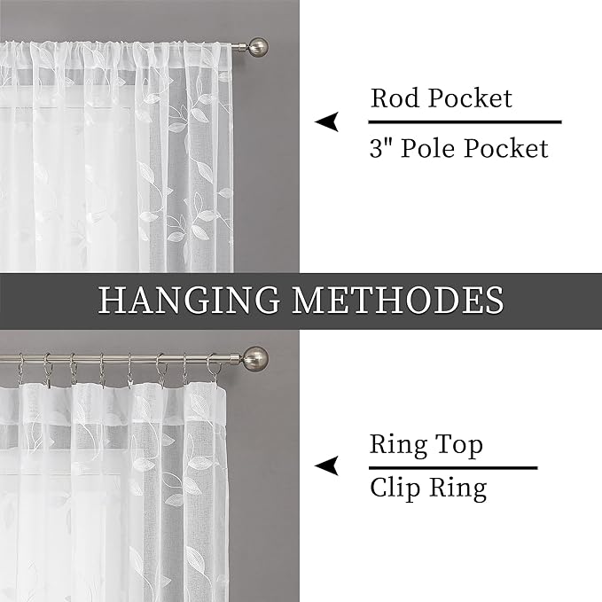 Tollpiz White Leaf Sheer Tier Curtain Leaves Embroidered Kitchen Curtains Rod Pocket Voile Bathroom Window Treatment for Cafe, 30 x 36 inches Long, Set of 2 Panels