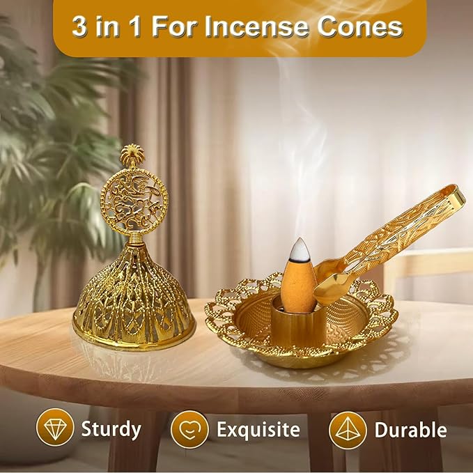 Majewel 3 in 1 Incense Holder, Vintage Incense Holders for Sticks with 9 Holes, Incense Burner Ash Catcher, Brass Incense Stick and Cone Burner for Meditation, Yoga, Home Decor(Coconut)