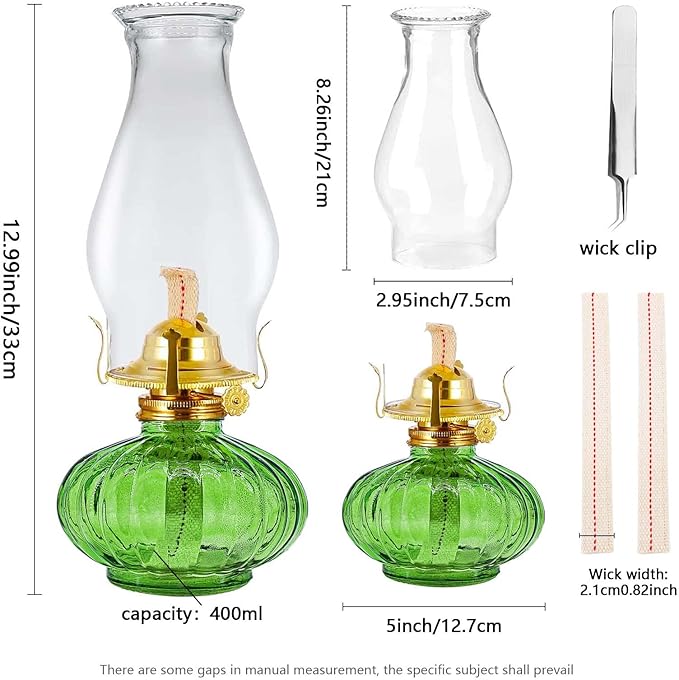 Large Oil Lamp for Indoor Use,Rustic Kerosene Lamp with 2 Pcs Wicks and 1 Tweezers,Glass Hurricane Lantern for Home Emergency Lighting (Green)