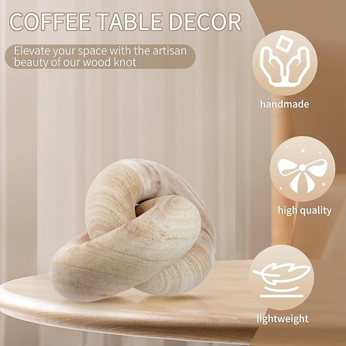 2 Link Decorative Wooden Chain with 58in Bread Decor,Boho Farmhouse Rustic Living Room Décor, Wood Chain Knot Decor for Coffee Table (Beige)