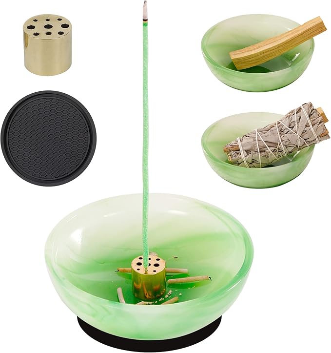 Incense Holder, Multi-Purpose Design Agate Incense Burner ash Catcher with Brass 9 Holes Incense Stick Holder for Home Decor Yoga Spa Madiation (Agate Green)