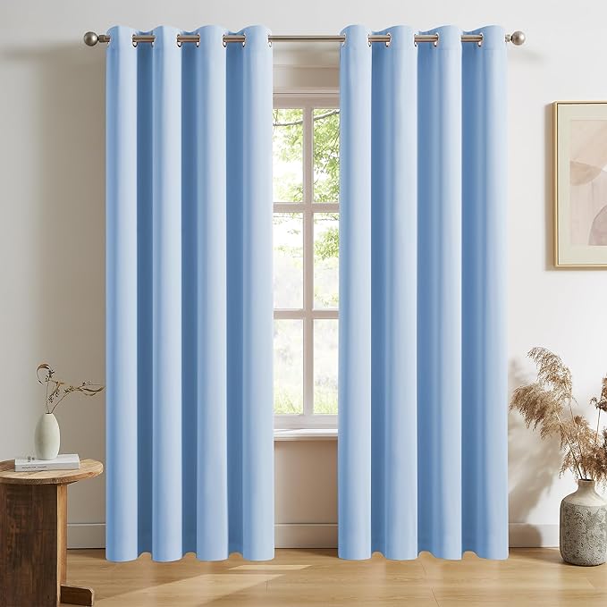DUALIFE Sky Blue Blackout Curtain Panels/Drapes for Living Room 96 Inch Length Solid Energy Efficient Room Darkening Bedroom Curtains Thermal Insulated Grommet Top 52x96 Inches Cerulean 2 Panels