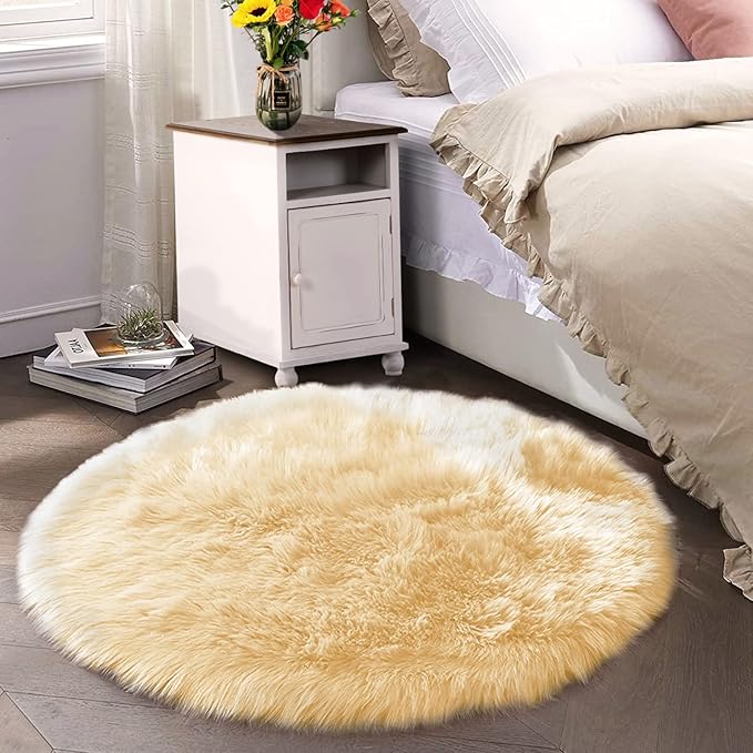 Latepis Yellow Fluffy Circle Rugs for Living Room Round Rug 6.7ft Plush Shag Washable Soft Rug Faux Fur Sheepskin Rugs for Bedroom Home Decor