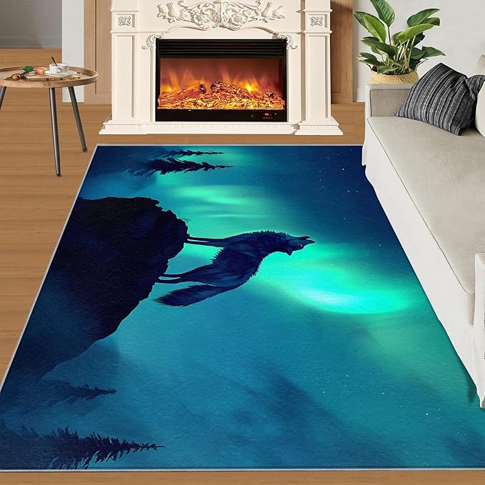 Wolf 5x7 Area Rugs for Living Room -Forest Washable Rug Aurora Non-Slip Carpet Indoor Floor Stain Resistant Thin Carpets for Bedroom Dining Room Home Office