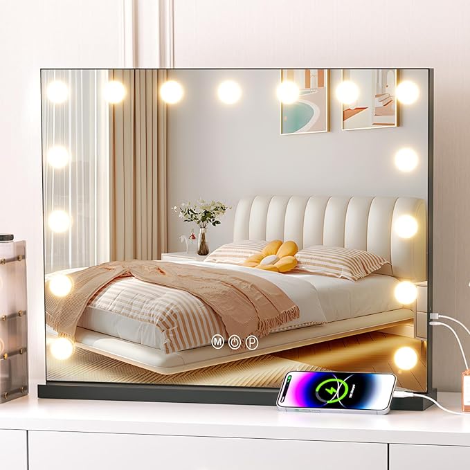 Fenair Vanity Mirror with Lights 22.8"x 18.1" Makeup Mirror with Lights and 15 Dimmable Bulbs,3 Colors Modes,Hollywood Mirror with USB Charging Port and 10X Detachable Magnification Mirror（Black）