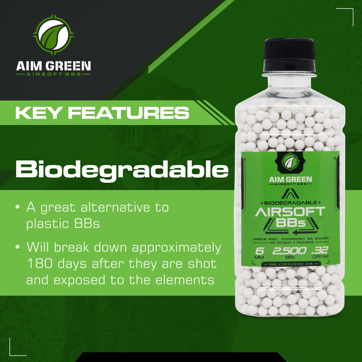 Aim Green Biodegradable Airsoft BBS, Premium-Grade 6mm Airsoft BBS, 20g, 25g, 32g, 36g, 40g, 2,500, 5,000, 10,000 Count