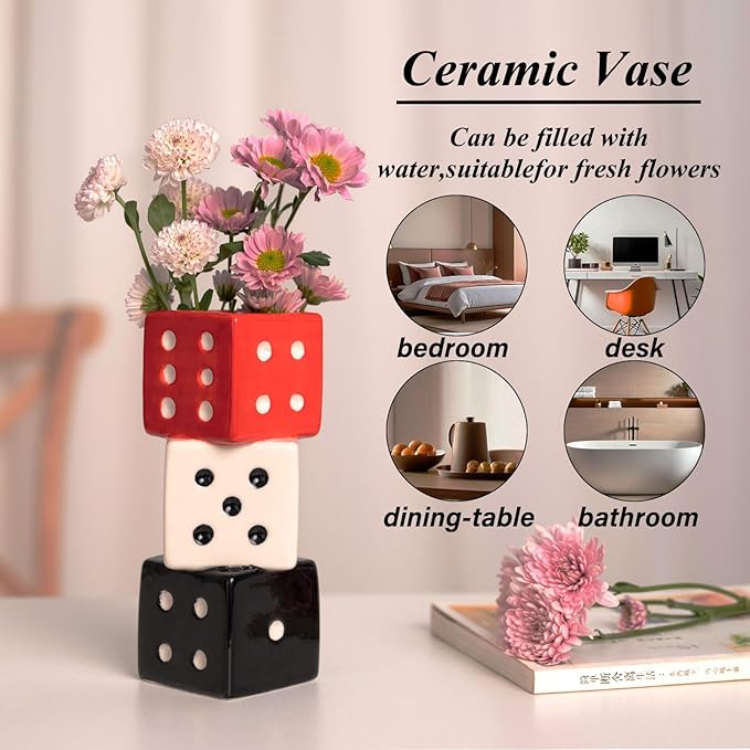 Funky Dice Vase - Unique Ceramic Home Decor for Bars| Stylish Black, White & Red Geometric Design | Perfect for Fresh, Dried, or Artificial Flower Arrangements | Ideal Gift for Art Lovers